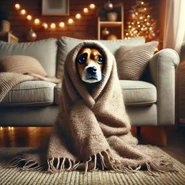 DALL·E 2024 11 21 16.06.28 A realistic illustration of a scared and sad dog covered with a cozy blanket sitting in a homey living room. The dog is visibly anxious and the focus e1732268899511