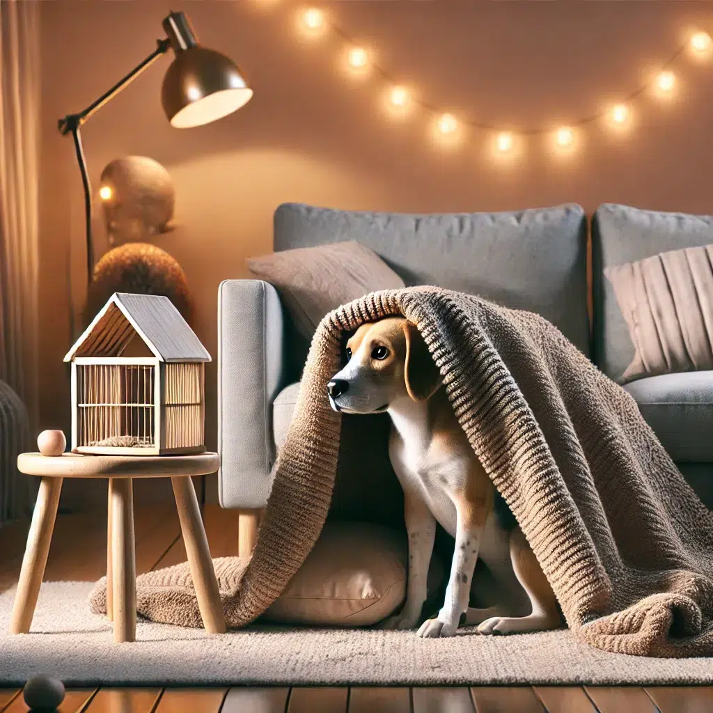 DALL·E 2024 11 22 09.31.01 A realistic illustration of the same anxious dog from previous requests now sitting calmly inside a cozy and makeshift home setup in a living room. T